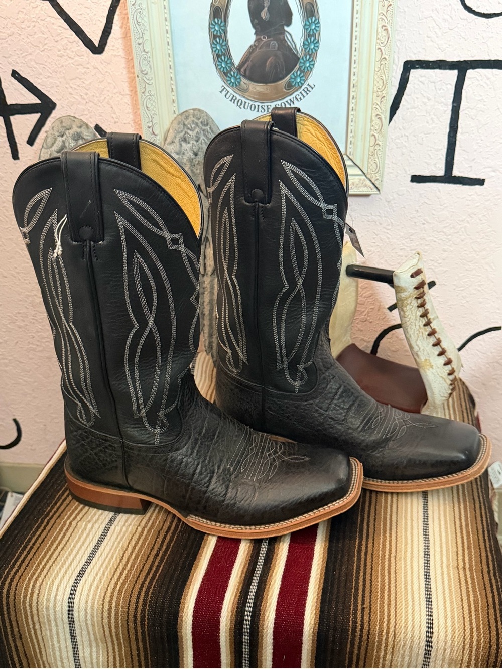 Tony Lama Black Leather Western Cowboy Boots square toe